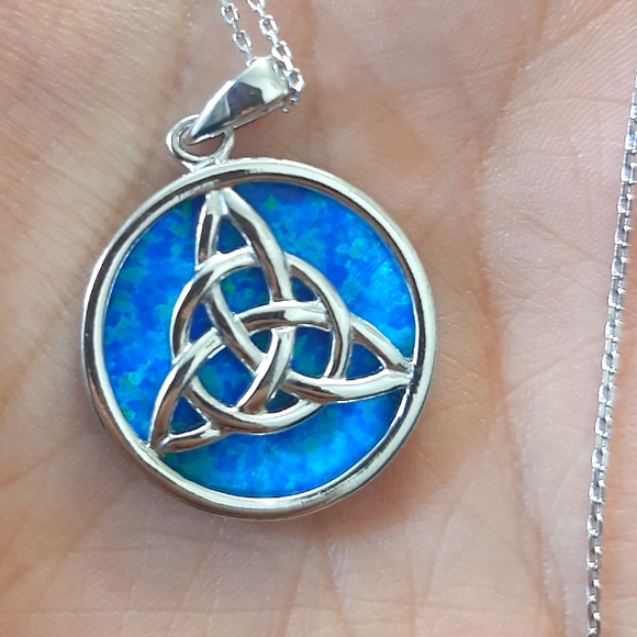 Blue Opal Triquetra Sterling Silver Necklace - Picture 2 of 6